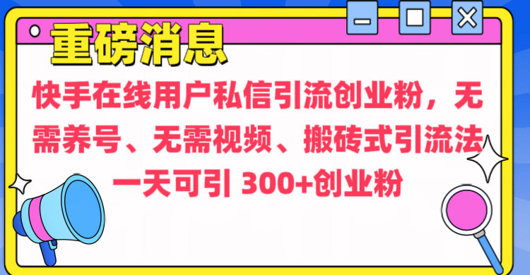 通过给快手在线用户私信引流创业粉,无需养号、无需视频、搬砖式引流法,一天可引300+创业粉-奇奇网创