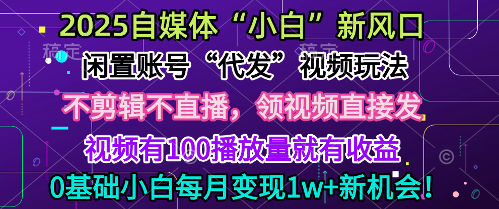 2025每月躺赚5w+新机会,闲置视频账号一键代发玩法,0粉不实名不剪辑,领了视频直接发,0基础小白也能日入300+-奇奇网创