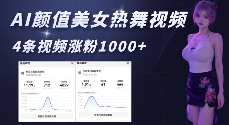 AI颜值美女热舞视频,4条视频涨粉1000+,实测6分钟一条