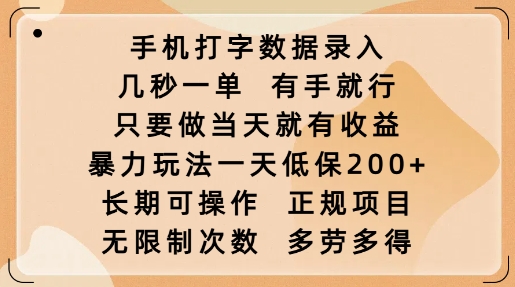 手机打字数据录入，几秒一单，有手就行，只要做当天就有收益，暴力玩法一天低保2张-奇奇网创
