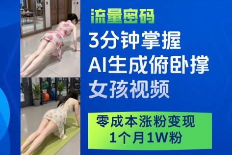 3分钟掌握AI生成俯卧撑女孩视频，零成本涨粉变现，1个月1W粉-奇奇网创