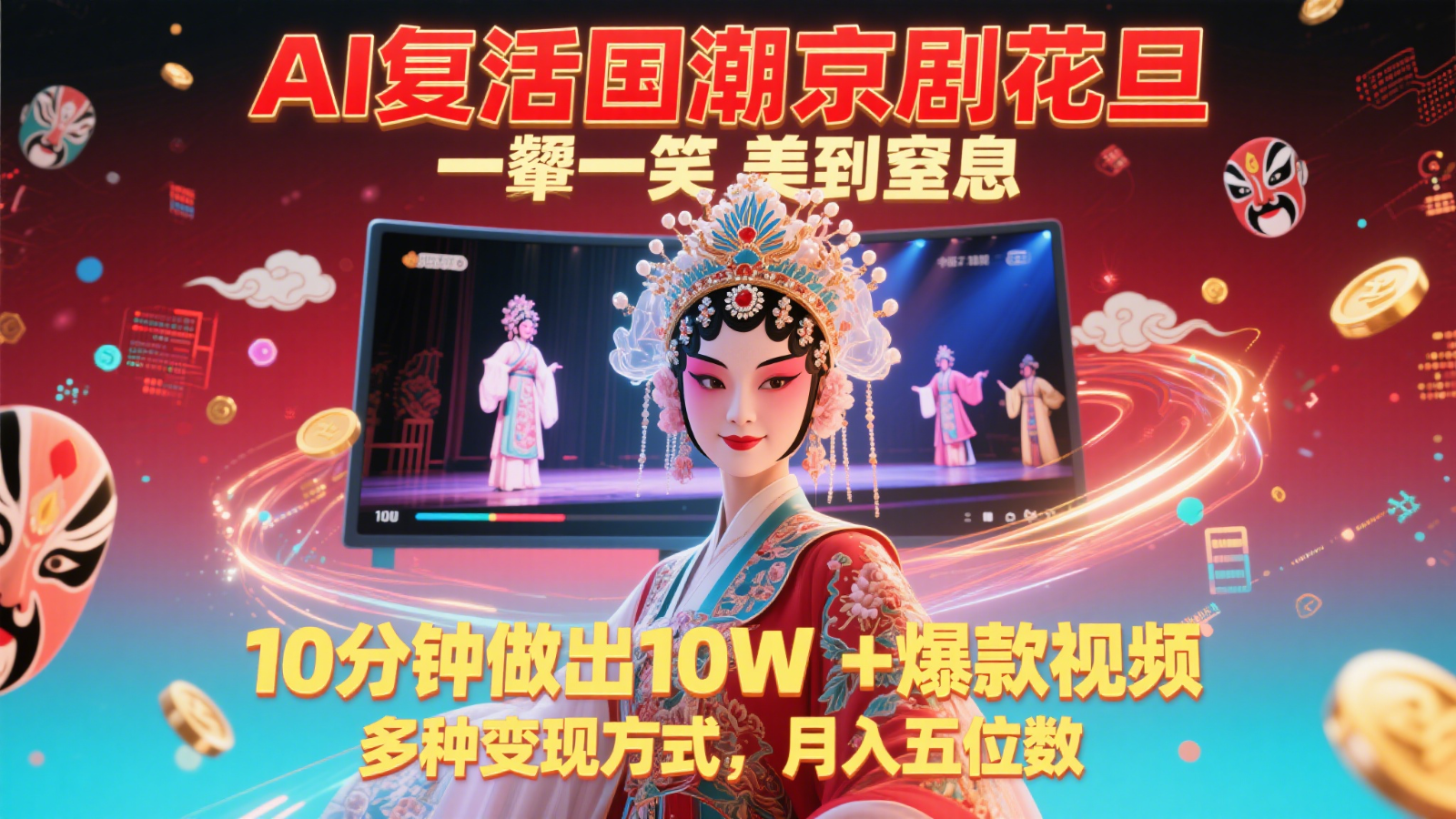 AI复活国潮京剧花旦，一颦一笑美到窒息，10分钟做出10W+爆款视频，多种变现方式-奇奇网创