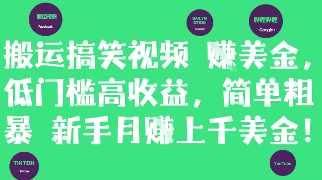 搬运搞笑视频挣美金，低门槛高收益，简单粗暴新手月入上千美刀-奇奇网创