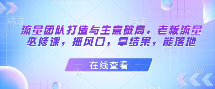 流量团队打造与生意破局，老板流量必修课，抓风口，拿结果，能落地-奇奇网创
