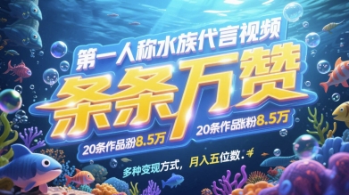 第一人称水族代言视频，条条万赞，20条作品涨粉7.8W，多种变现方式月入五位数-奇奇网创