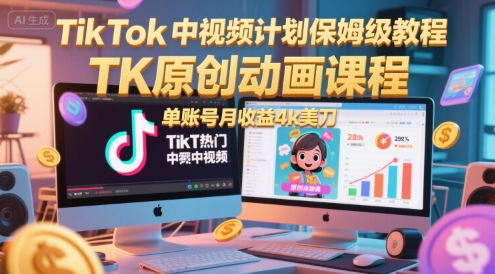 TikTok中视频计划保姆级教程，TK原创动画课程，单账号月收益4k美刀-奇奇网创
