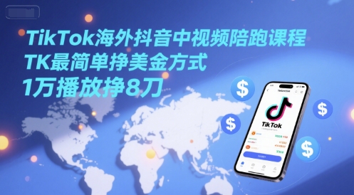TikTok海外抖音中视频陪跑课程，TK最简单挣美金方式，1万播放挣8刀-奇奇网创