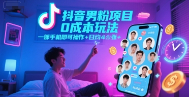 抖音男粉项目0成本玩法，一部手机即可操作，日均4张+，时间自由-奇奇网创