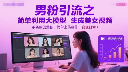 男粉引流之简单利用大模型生成美女视频，条条原创爆款，简单上传制作，变现日1k+-奇奇网创