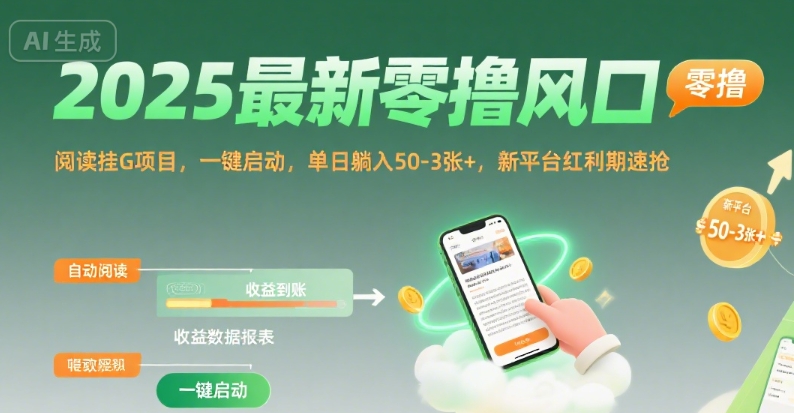 2025最新零撸风口，阅读挂G项目，一键启动，单日躺入 50-3张+，新平台红利期速抢【揭秘】-奇奇网创