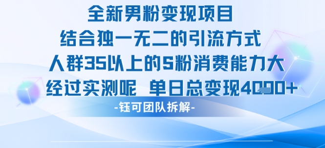 全新男粉变现项目引流人群35以上的男粉消费能力大 经过实测单日变现1k+-奇奇网创