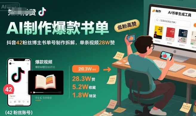 AI制作爆款书单，抖音42粉丝博主书单号制作拆解，单条视频28W赞-奇奇网创