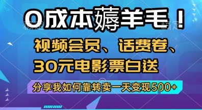 0成本薅羊毛!视频会员、话费卷、30元电影票白送，分享我如何靠转卖一天变现5张+【揭秘】-奇奇网创