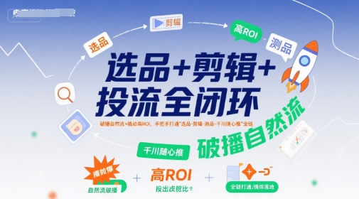 选品+剪辑+投流全闭环，破播自然流+撬动高ROI，手把手打通“选品-剪辑-测品-千川随心推”全链-奇奇网创