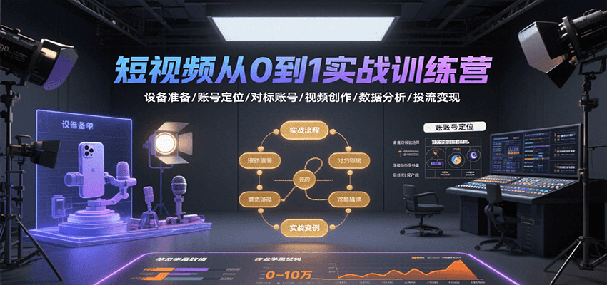短视频从0到1实战训练营：设备准备/账号定位/对标账号/视频创作/数据分析/投流变现-奇奇网创