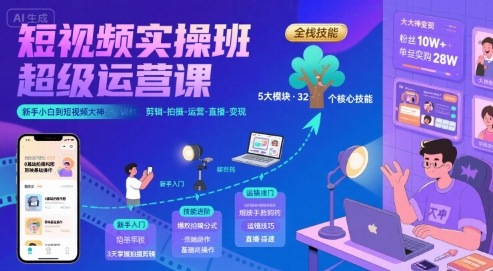短视频实操班超级运营课，新手小白到短视频大神必修课程，剪辑-拍摄-运营-直播-变现-奇奇网创