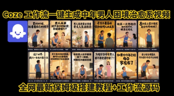 coze工作流一键生成”中年男人困境扎心高涨粉高播放量图文视频”保姆级拆解教程，无需剪辑，无需拍摄写文案-奇奇网创