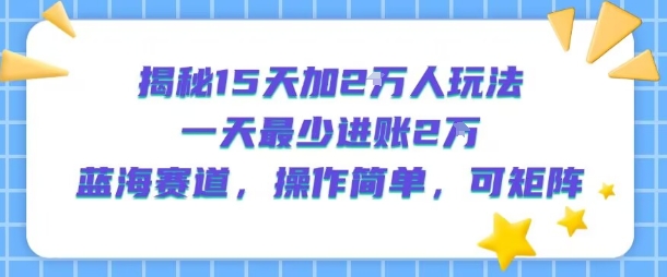 揭秘15天加2W人玩法，一天最少2万进账，蓝海赛道，操作简单，可矩阵-奇奇网创