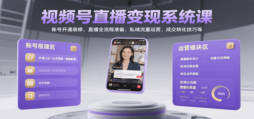 视频号直播变现系统课，账号开通装修、直播全流程准备、私域流量运营、成交转化技巧等-奇奇网创