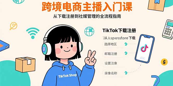 跨境电商主播入门课，TikTok下载注册，支付工具配置，社媒账号管理全流程-奇奇网创