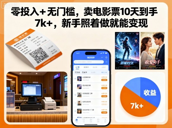 零投入+无门槛，卖电影票10天到手7k+，新手照着做就能变现【揭秘】-奇奇网创