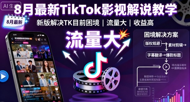 8月最新TikTok影视解说教学，新版解决TK目前困境，流量大，收益高-奇奇网创