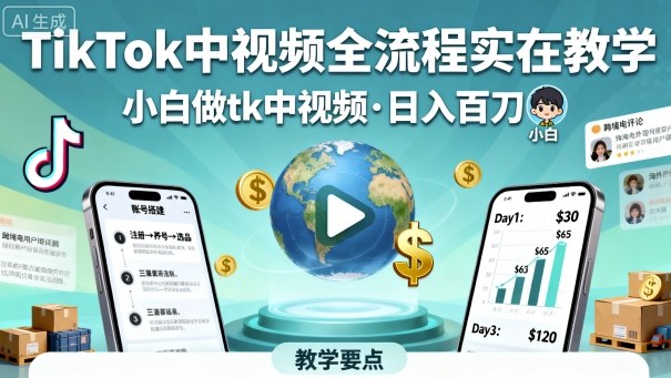 TikTok中视频全流程实操教学，小白做tk中视频，日入百刀-奇奇网创