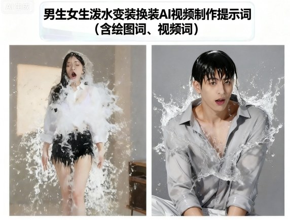 男生女生泼水变装换装AI视频制作提示词(含绘图词、视频词)-奇奇网创