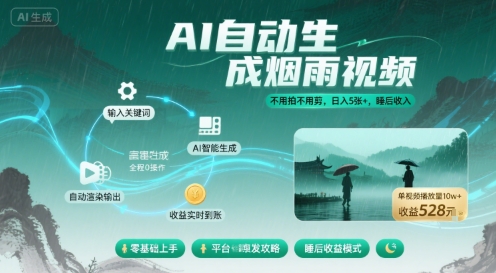 不用拍不用剪！AI自动生成烟雨视频，日入5张+，睡后收入-奇奇网创
