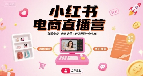 小红书电商直播营，直播带货+店铺运营+笔记运营=全电商-奇奇网创