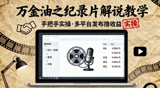 万金油之纪录片解说教学，手把手教你，完全实操，多平台发布撸收益-奇奇网创