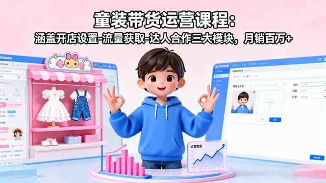 童装带货运营课程：涵盖开店设置-流量获取-达人合作三大模块，月销百万+-奇奇网创