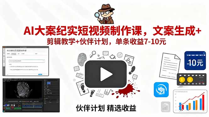 AI大案纪实短视频制作课，文案生成+剪辑教学+伙伴计划，单条收益7-10元-奇奇网创