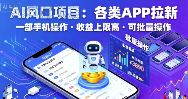 AI风口项目，各类APP拉新，一部手机就可以操作，收益上限高，可批量操作-奇奇网创