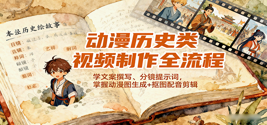 动漫历史类视频制作全流程，学文案撰写、分镜提示词，掌握动漫图生成+抠图配音剪辑-奇奇网创