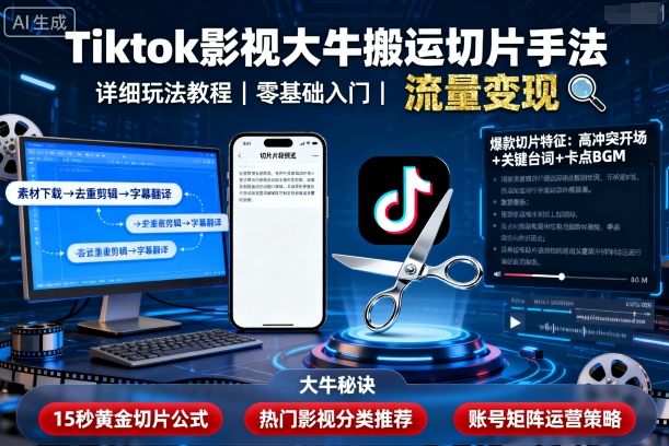 Tiktok影视大牛搬运切片手法，详细玩法教程-奇奇网创