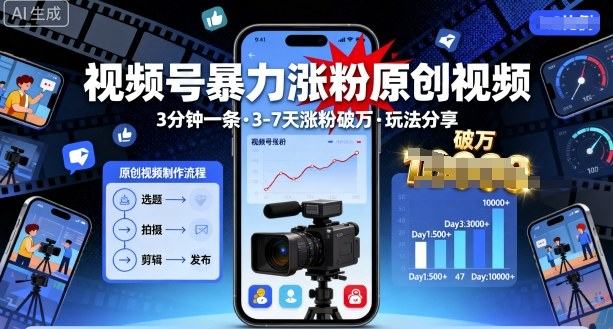 视频号暴力涨粉原创视频，3分钟一条原创视频，3-7天涨粉破万，玩法分享给你-奇奇网创