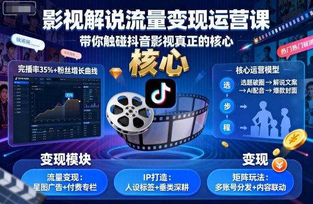 影视解说流量变现运营课，带你触碰抖音影视真正的核心-奇奇网创
