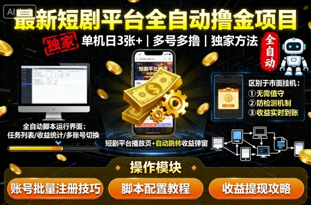 最新短剧平台全自动挂G撸金项目，单机一天3张+，多号多撸，区别于市面所有挂机项目，独家方法【揭秘】-奇奇网创