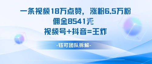 一条视频18W点赞，涨粉6.5W粉佣金8541米，视频号+抖音=王炸-奇奇网创