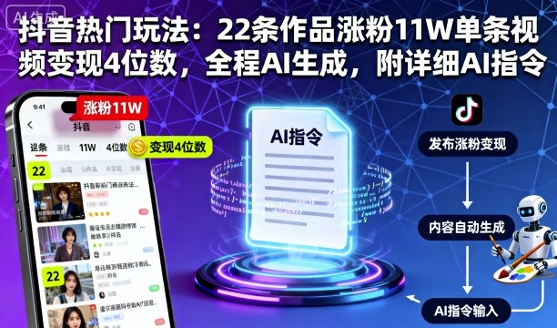 抖音热门玩法：22条作品涨粉11W单条视频变现4位数，全程AI生成，附详细AI指令-奇奇网创