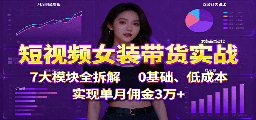 短视频女装带货实战：7大模块全拆解，0基础、低成本，实现单月佣金3万+-奇奇网创