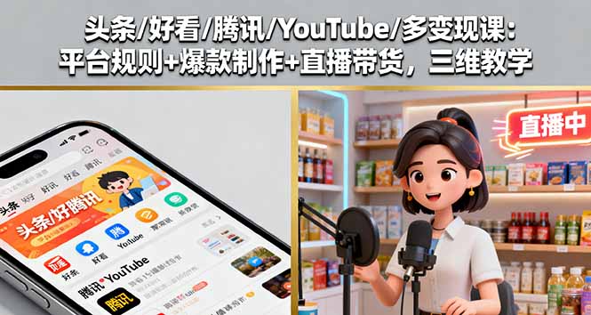 头条/好看/腾讯/YouTube/多变现课：平台规则+爆款制作+直播带货，三维教学-奇奇网创