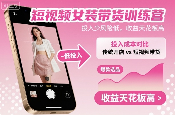 短视频女装带货训练营，投入少风险低，收益天花板高-奇奇网创