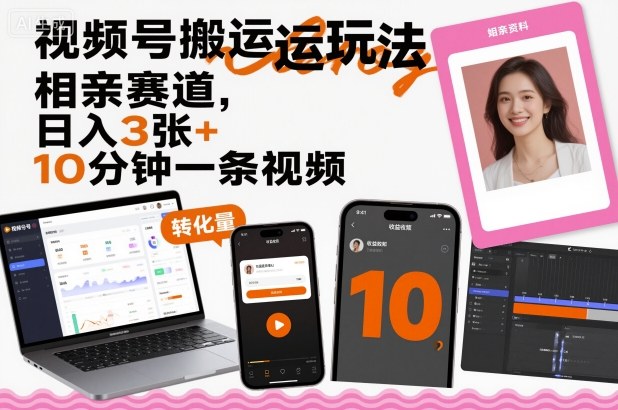 视频号搬运玩法，相亲赛道，日入3张+，10分钟一条视频-奇奇网创