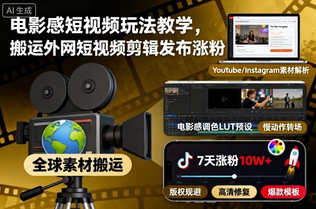 电影感短视频玩法教学，搬运外网短视频剪辑发布涨粉-奇奇网创