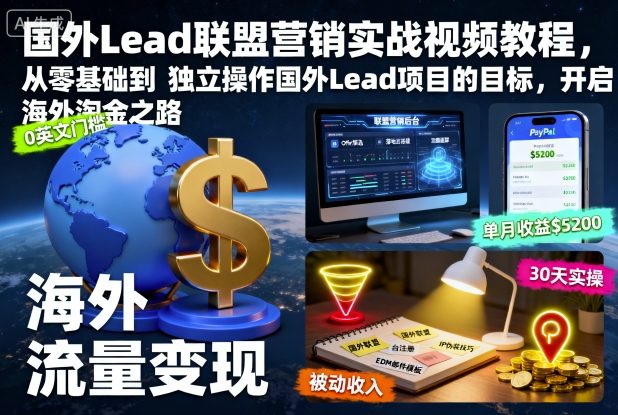 国外Lead联盟营销实战视频教程，从零基础到独立操作国外Lead项目的目标，开启海外淘金之路-奇奇网创