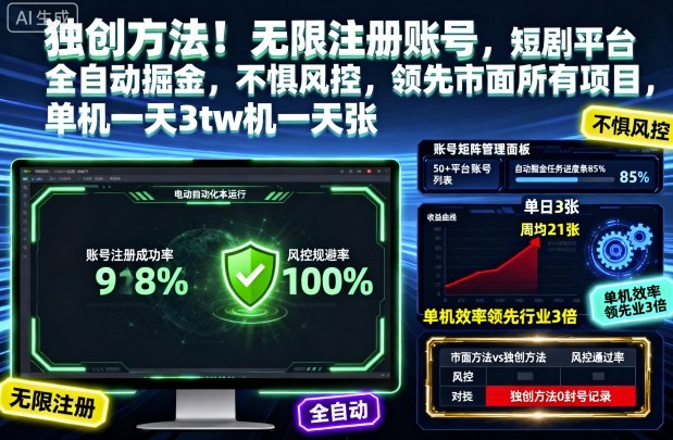 独创方法！无限注册账号，短剧平台全自动掘金，不惧风控，领先市面所有项目，单机一天3张【揭秘】-奇奇网创