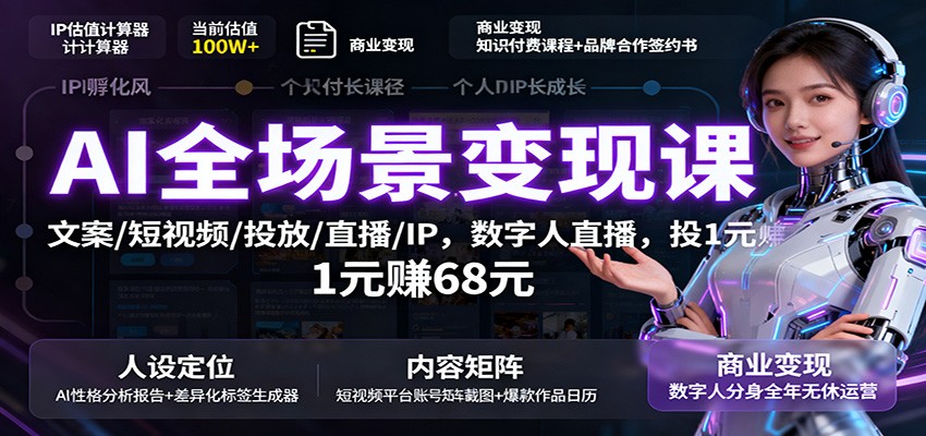 AI全场景变现课：文案/短视频/投放/直播/IP，数字人直播，投1元赚68元-奇奇网创