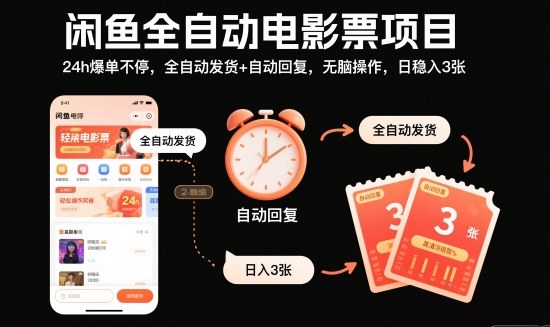 闲鱼全自动电影票项目，24h爆单不停，全自动发货+自动回复，无脑操作，日稳入3张【揭秘】-奇奇网创